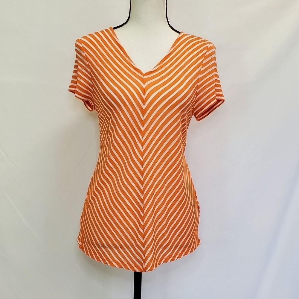 Jones New York Orange & White Striped V-Neck Short Sleeve Top